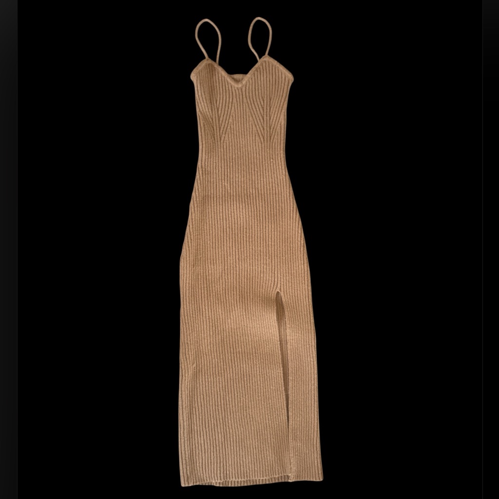 Cider Tan Ribbed Knit Maxi Dress High Slit Midi Dress Medium